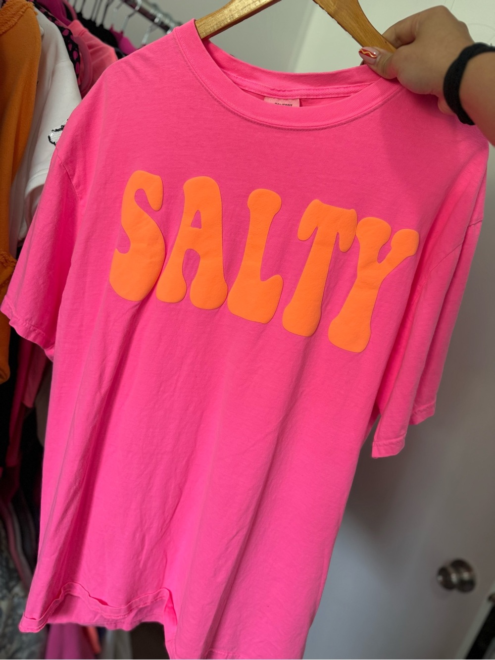 Comfort Colors Pink T-Shirt with Orange 'SALTY' Graphic